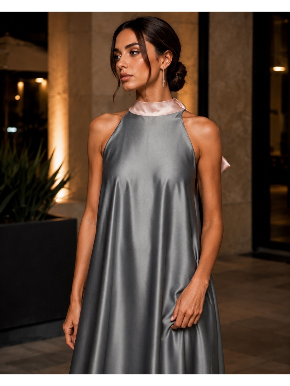 Charcoal High Neck Blush Bow Back Satin Formal Maxi Dress - Picture 5 of 9